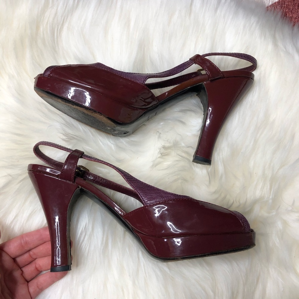 Burberry | Burgundy Sling Back Peep Toe Heels 39 - Picture 7 of 9